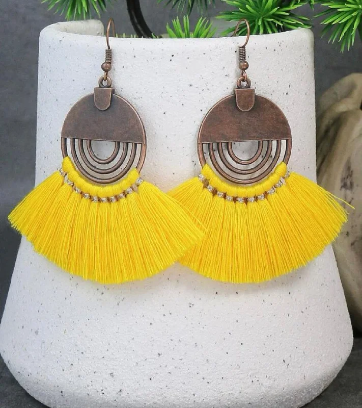 Ladies earrings pure silver-Round Copper Earrings with Yellow Tassels