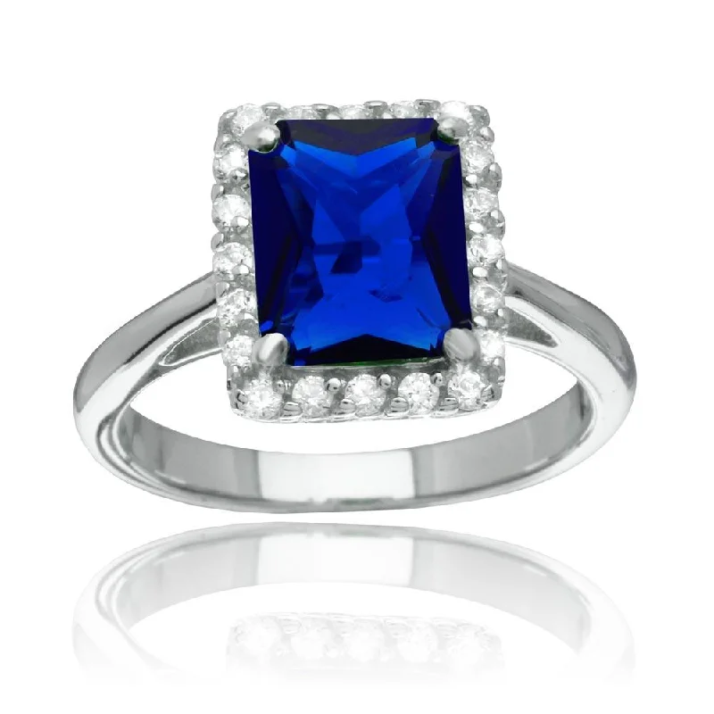 Ladies rings handmade designs-Rhodium Plated 925 Sterling Silver Square Blue CZ Halo Ring - BGR01113BLU