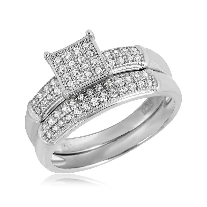 Ladies rings limited editions-Silver 925 Rhodium Plated Square Design Micro Pave Bridal Ring - GMR00116