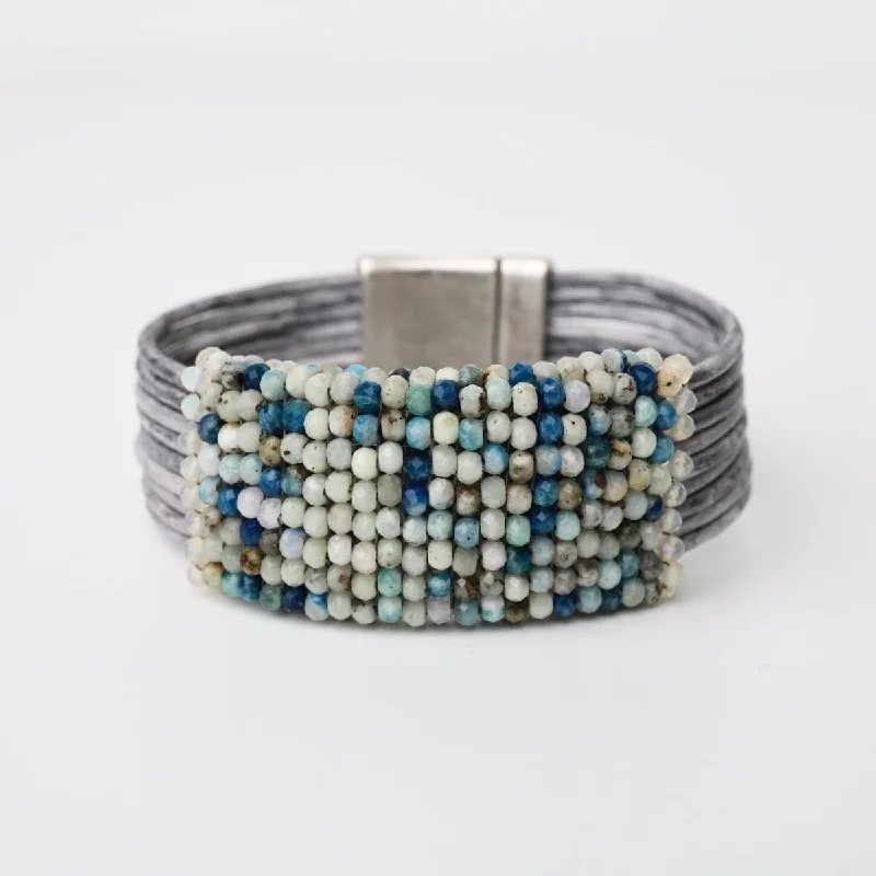 Ladies bracelets mature styles-Azurite with Opal Trim On Driftwood Leather Bracelet