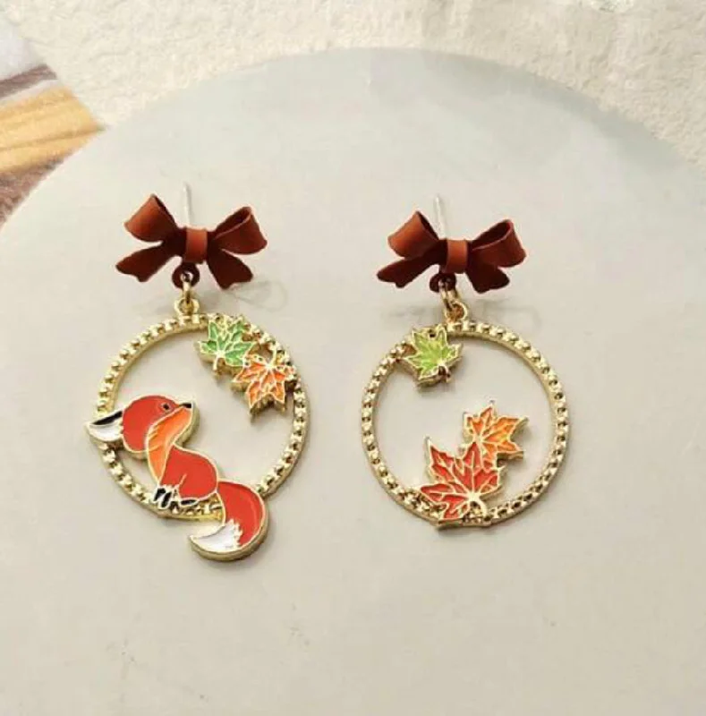 Ladies earrings geometric shapes-Autumn Maple Leaf and Fox Earrings