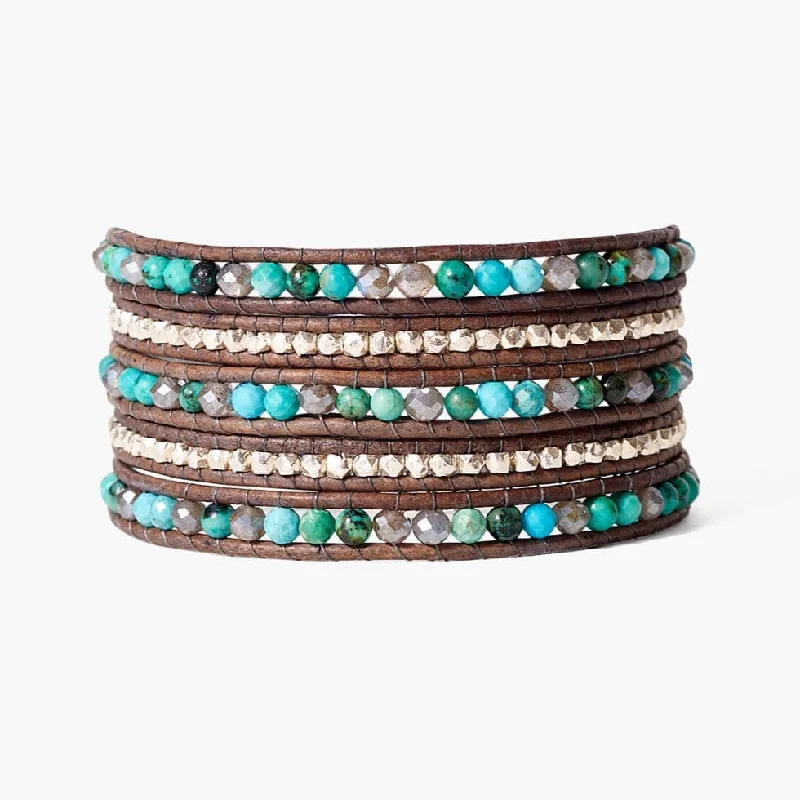 Ladies bracelets sapphire stones-Mixed Wrap Bracelet on Leather - Turquoise Mix