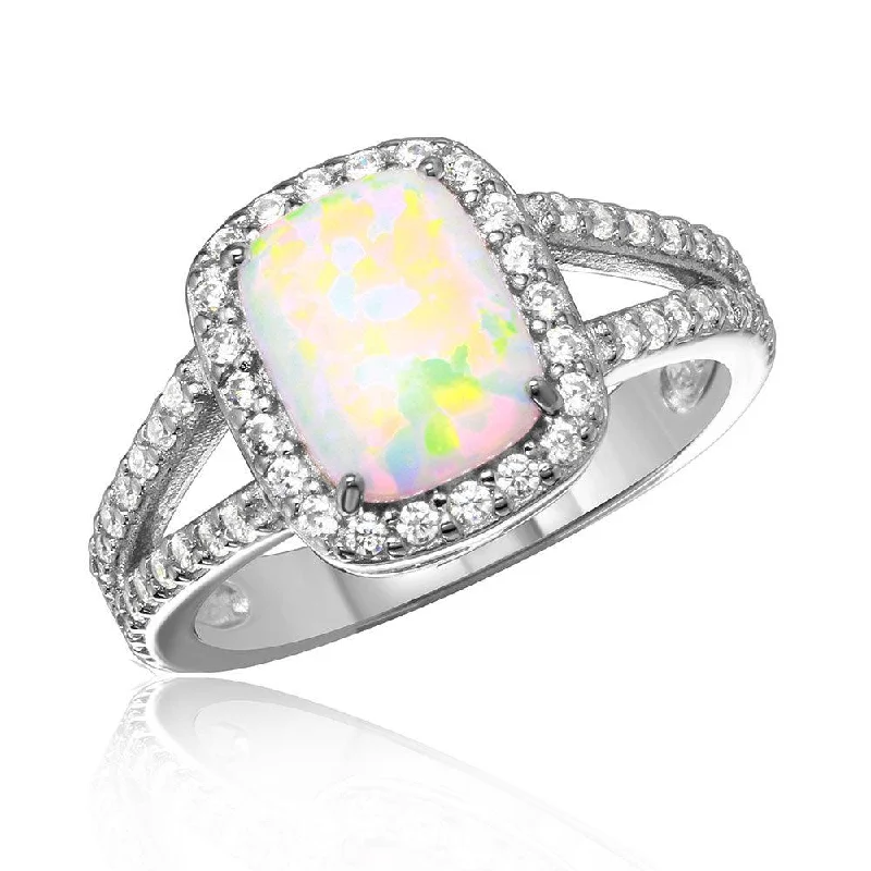 Ladies rings jade accents-Silver 925 Rhodium Plated Halo Ring with Synthetic Baguette Opal and CZ - BGR01041