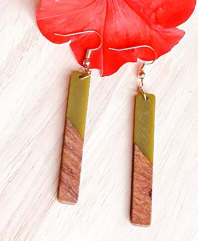 Ladies earrings fashion picks-Wood and Green Resin Bar Earrings