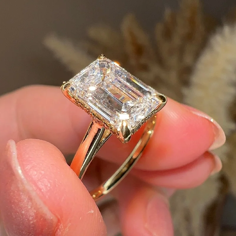 Ladies engagement rings large stones-"Dream" 4 Carat Hidden Under Halo Emerald Cut Yellow Gold Engagement Ring