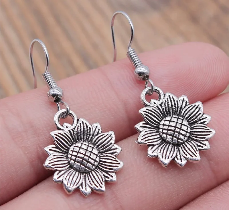 Ladies earrings unique finds-Small Silver Sunflower Dangle Earrings