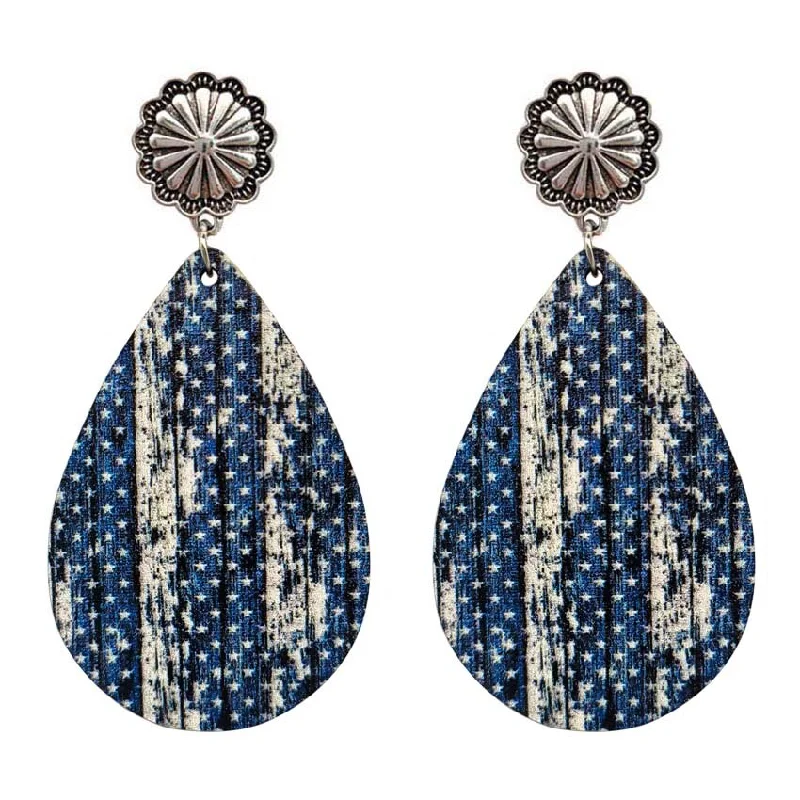 Ladies earrings jade details-Wooden Blue Star and Striped Teardrop Earrings