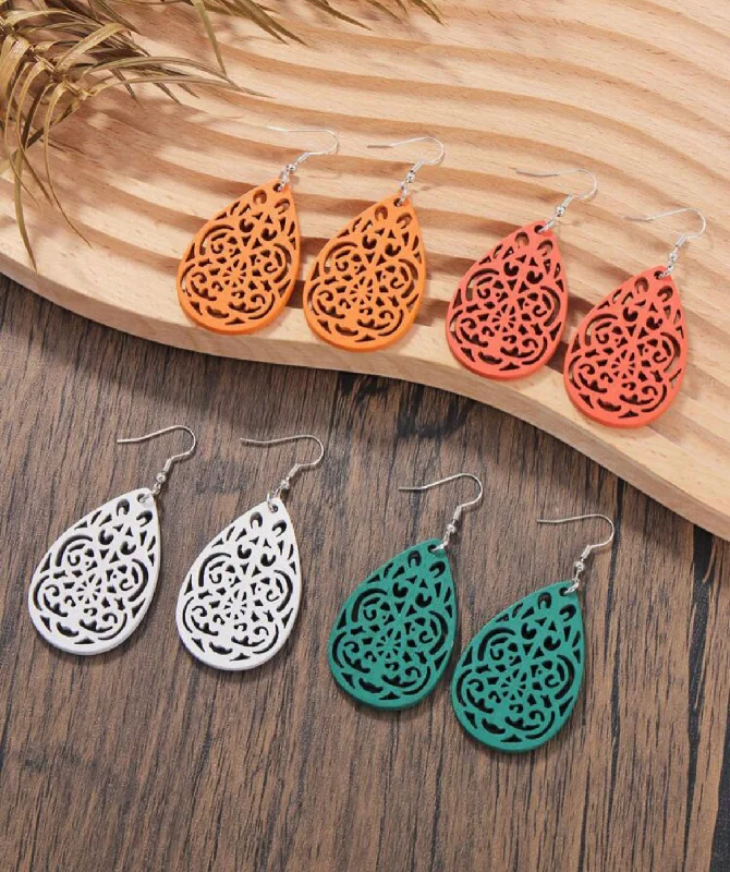 Ladies earrings open patterns-Set of 4 Hollowed Out Wooden Drop Earrings