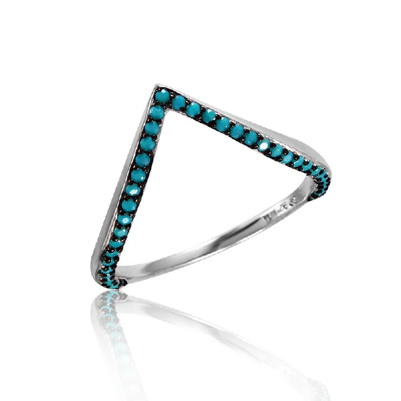 Ladies rings party wear-Silver 925 Rhodium Plated V Ring with Synthetic Turquoise Stones - STR01054