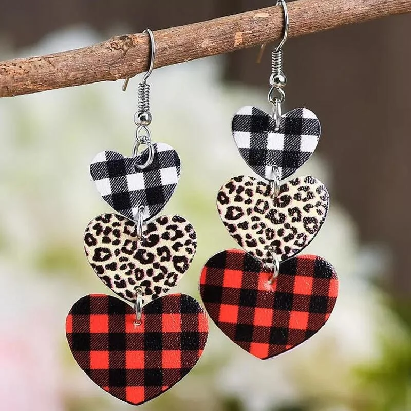 Ladies earrings limited editions-Valentine's Day Heart Shaped Red Plaid Leather Earrings