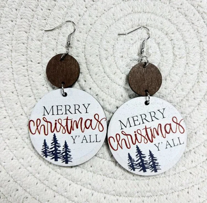 Ladies earrings sentimental value-Merry Christmas Ya'll Wooden Drop Earrings