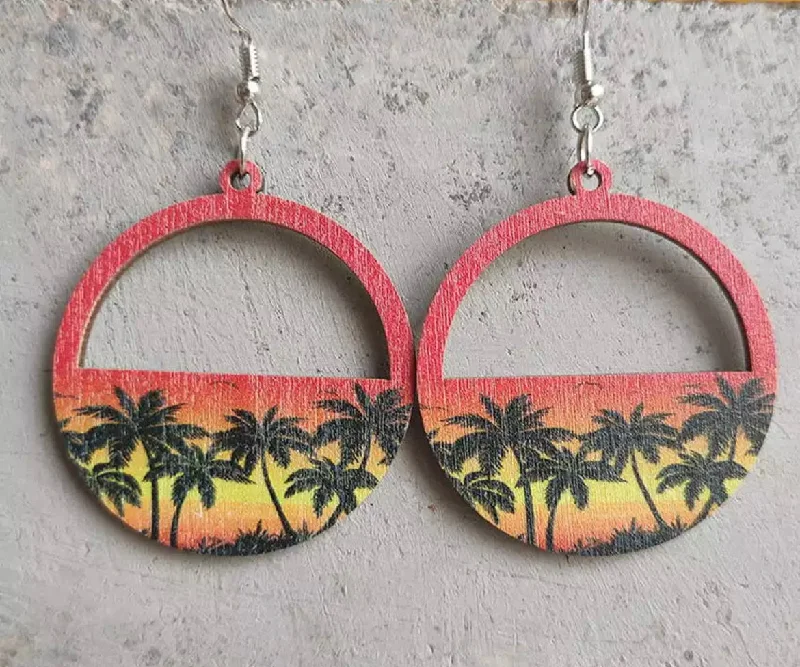 Ladies earrings buying guide-Wooden Palm Tree Sunset Earrings