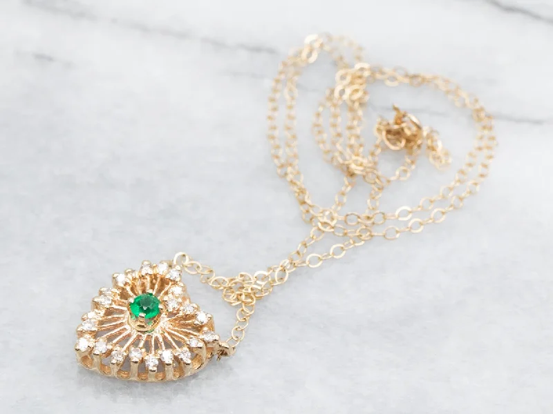 Ladies rings limited editions-Gold Emerald and Diamond Halo Heart Shaped Necklace