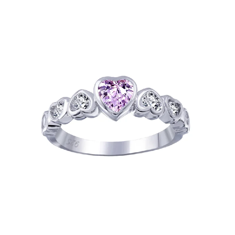 Ladies rings minimalist trends-Silver 925 Rhodium Plated Pink Center CZ Heart Ring - BGR00014P