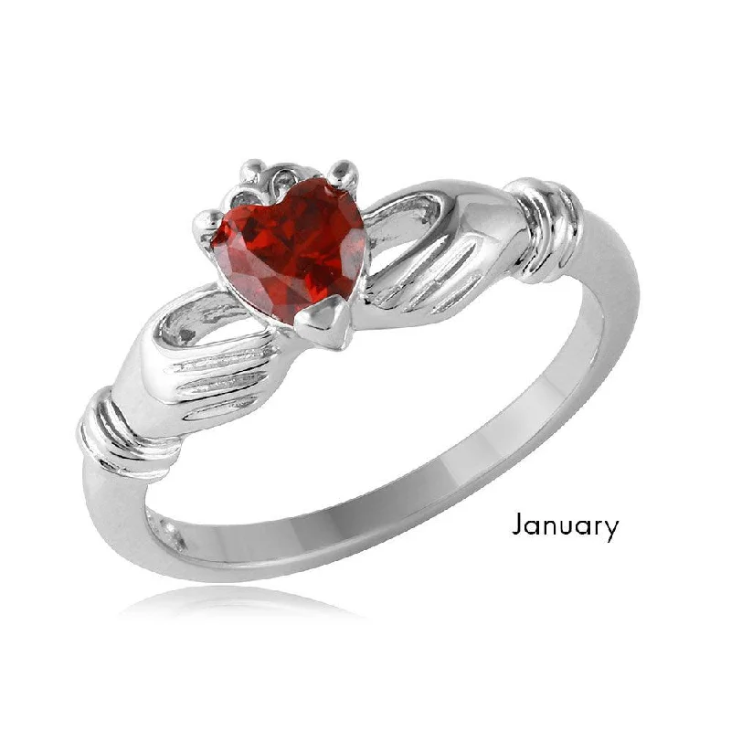 Ladies rings memory keepsakes-January Sterling Silver 925 Rhodium Plated CZ Center Birthstone Claddagh Ring - BGR01083JAN