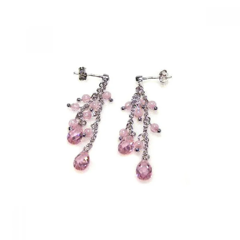 Ladies earrings creative pieces-Clearance-Silver 925 Rhodium Plated Pink Oval CZ Wire Dangling Earrings - STE00066