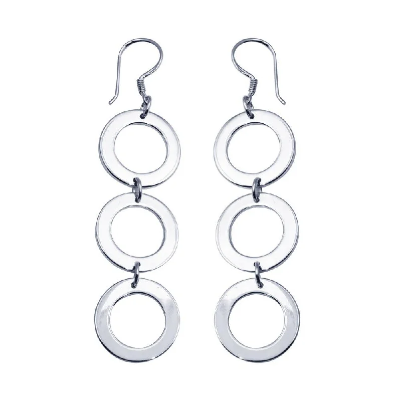 Ladies earrings statement pieces-Silver 925 Rhodium Plated Three Open Circle Dangling Hook Earrings - DSE00021