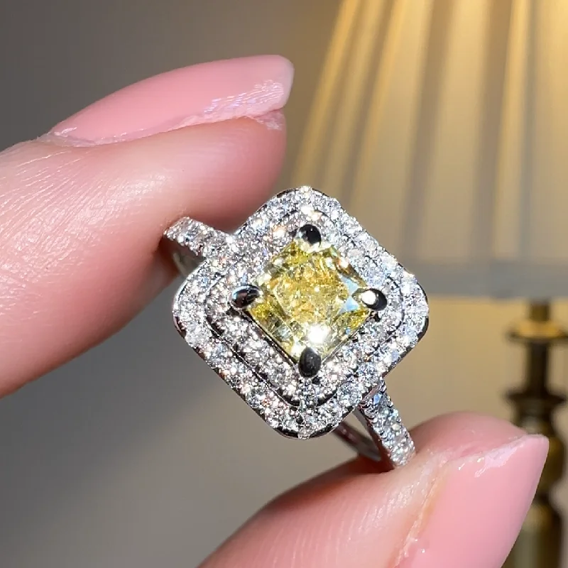 Ladies engagement rings geometric patterns-"Holly" Yellow Cushion Cut Halo Diamond Shoulder Engagement Ring DSCC07