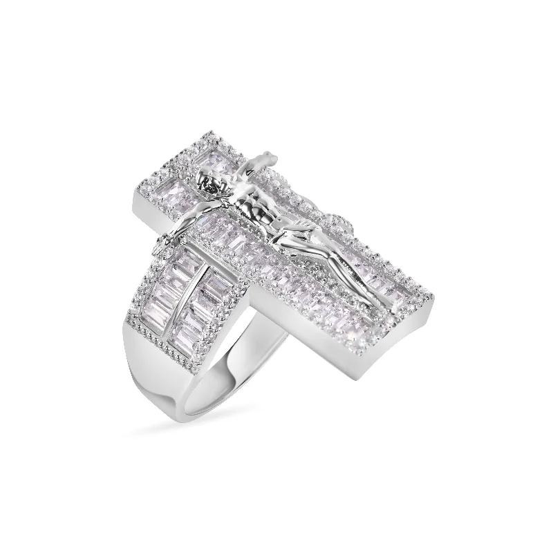 Ladies rings rose gold-Rhodium Plated 925 Sterling Silver Cross Baguette Cut Clear CZ 9.6mm Ring - GMR00380