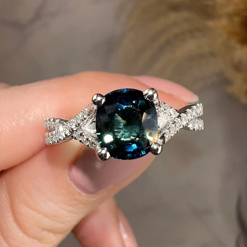 Ladies engagement rings proposal tips-"River" Teal Cushion Cut Sapphire Crossover Diamond Shoulders Engagement Ring