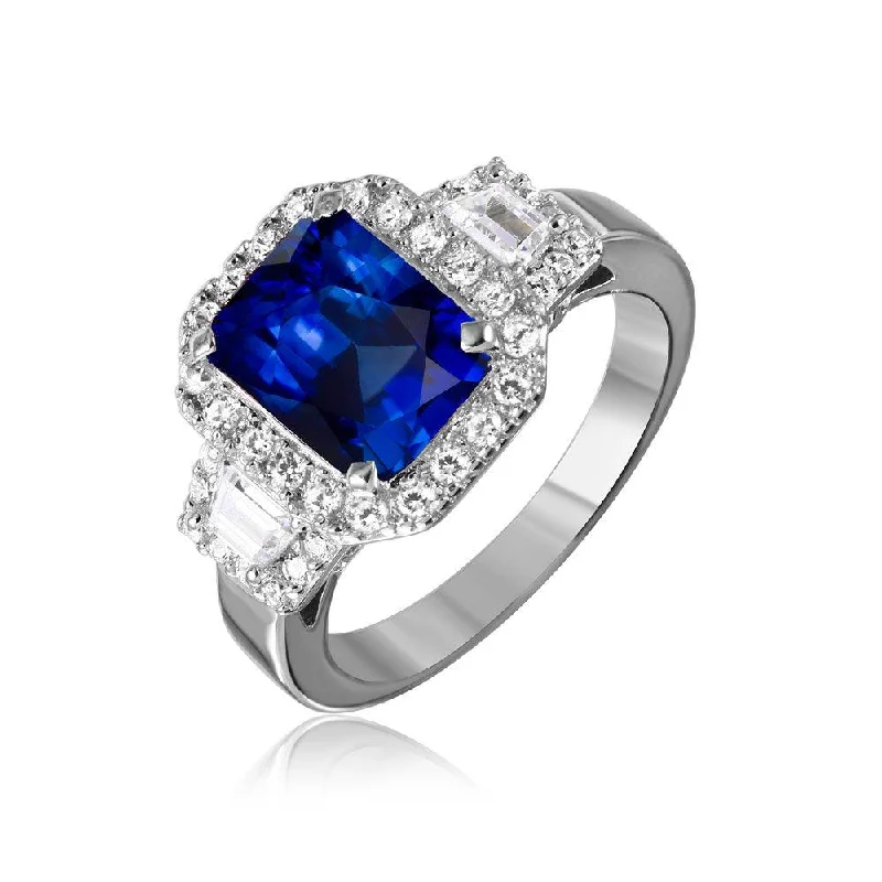 Ladies rings engraved names-Silver 925 Rhodium Plated Sapphire Emerald Cut Center CZ Stone Ring - GMR00101S