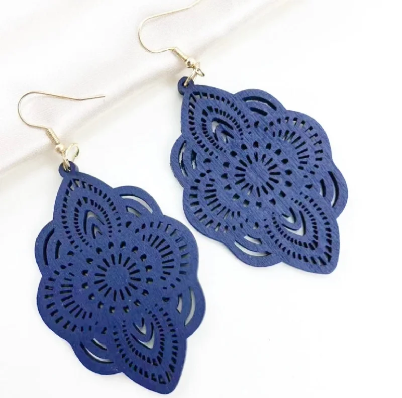 Ladies earrings jade details-Navy Blue Bohemian Hollow Out Drop Earrings