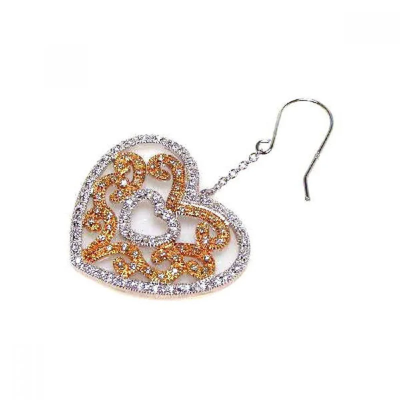 Ladies earrings gift options-Clearance-Silver 925 Rhodium Plated Clear Heart and Yellow Filigree CZ Wire Dangling Hook Earrings - STE00106