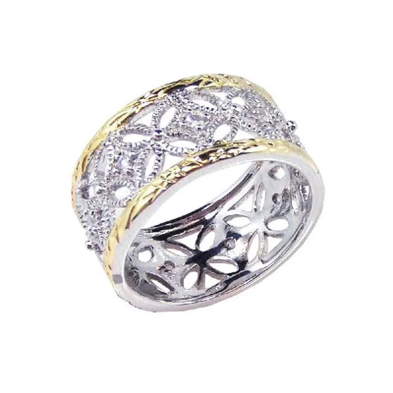 Ladies rings top brands-Silver 925 Rhodium and Gold Plated Border CZ Flower Ring - STR00330