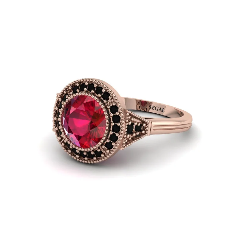 Ladies engagement rings worldwide styles-Round Cut Ruby Milgrain Halo Engagement Ring - Maggie No. 41