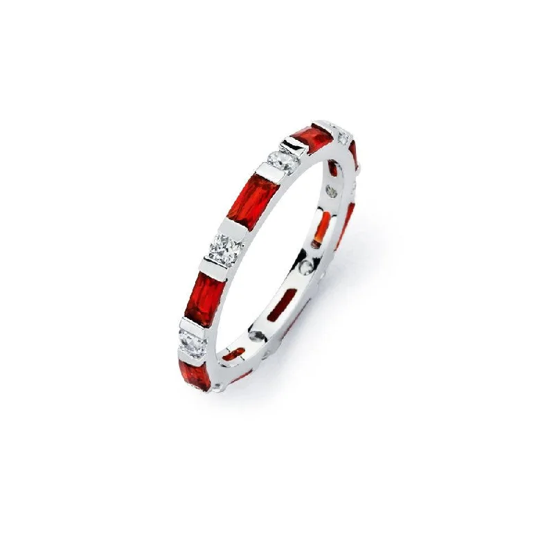 Ladies rings social media trends-Silver 925 Rhodium Plated Red CZ Stackable Eternity Ring - BGR00623