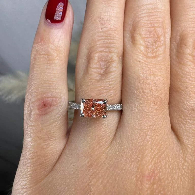 Ladies engagement rings discount offers-"Zilia" Pink Lab Grown Emerald Cut Diamond Shoulder Engagement Ring