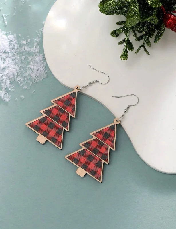 Ladies earrings star designs-Wooden Red Plaid Christmas Tree Earrings