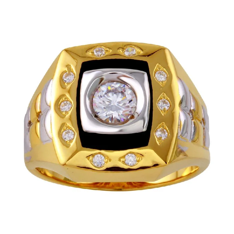 Ladies rings animal designs-Three-Tone 925 Sterling Silver Square Ring with CZ - GMR00225GR