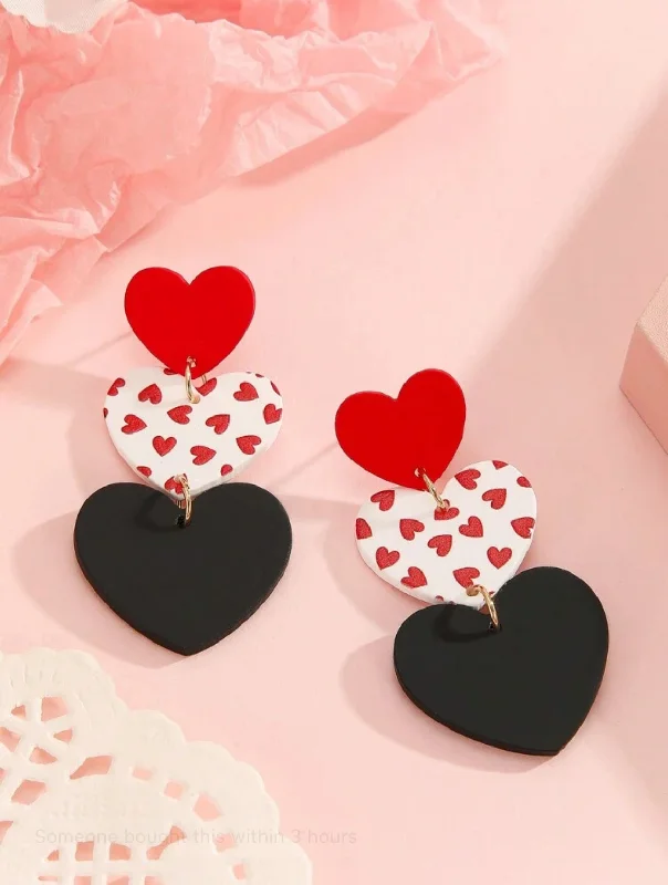 Ladies earrings European charm-Beautiful Tri-Color Acrylic Heart Stud Drop Earrings