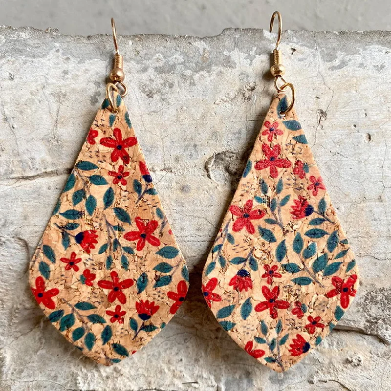 Ladies earrings colorful stones-Flower Leaf Print Cork Tear Drop Earrings