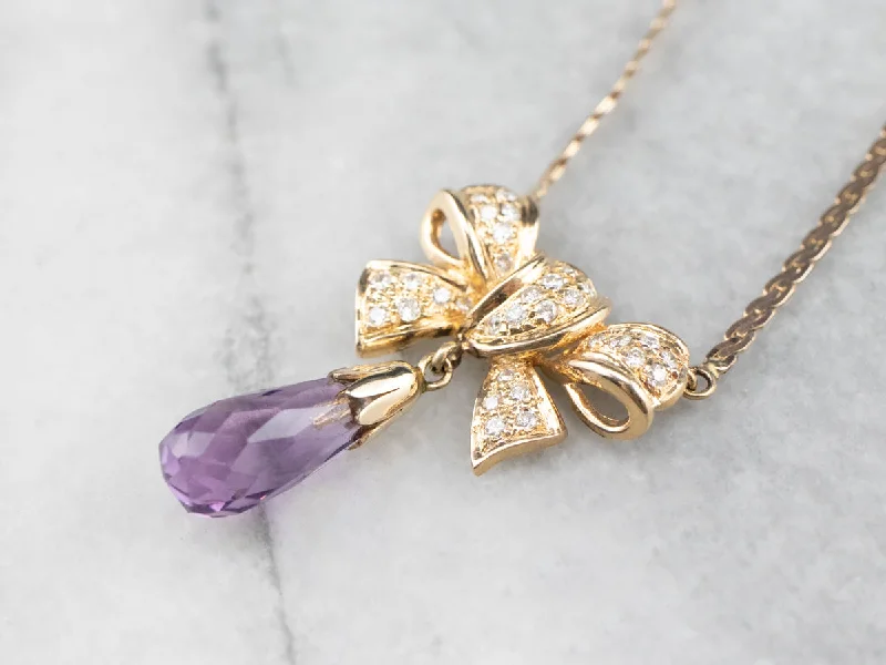 Ladies rings pinky designs-Gold Bow Amethyst and Diamond Necklace