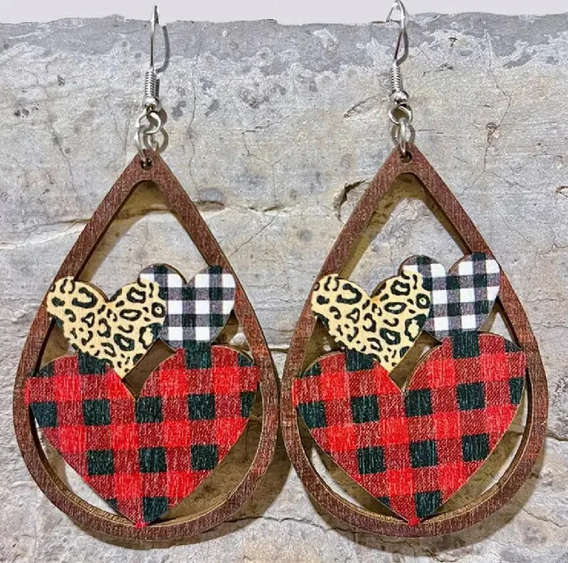 Ladies earrings natural gems-Wooden Plaid Heart Teardrop Earrings