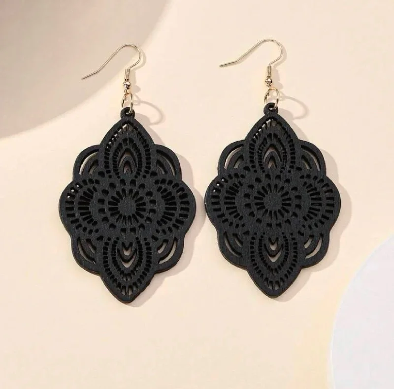 Ladies earrings fashion picks-Black Bohemian Hollow Out Drop Earrings