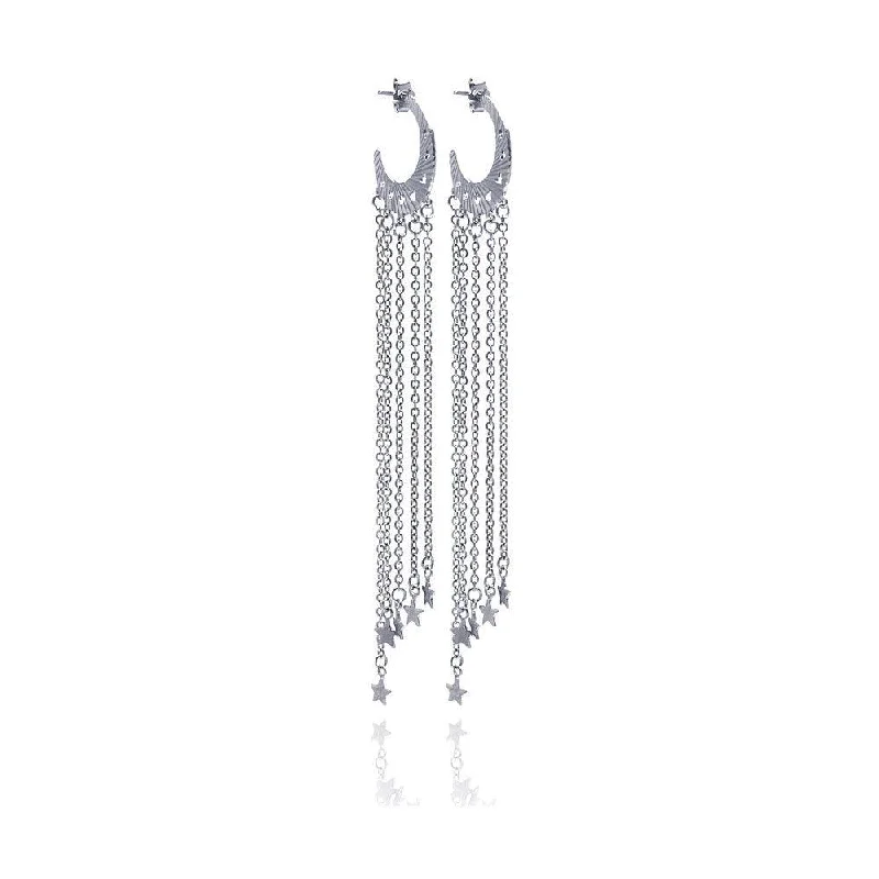 Ladies earrings open patterns-Clearance-Silver 925 Rhodium Plated Heart Cut out Moon Shape Wire Dangling Star Earrings - STE00055