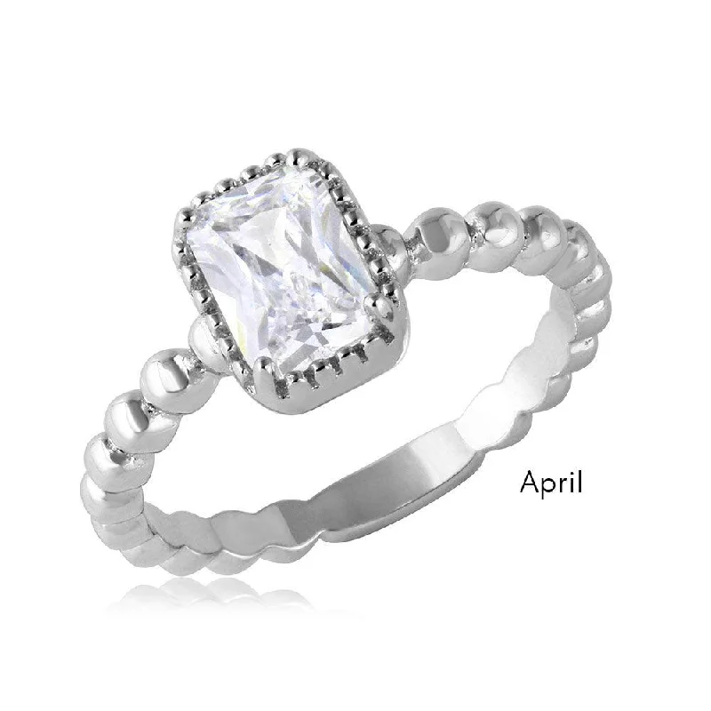 Ladies rings stacking looks-April Sterling Silver 925 Rhodium Plated Beaded Shank Square Center Birthstone Ring - BGR01081APR