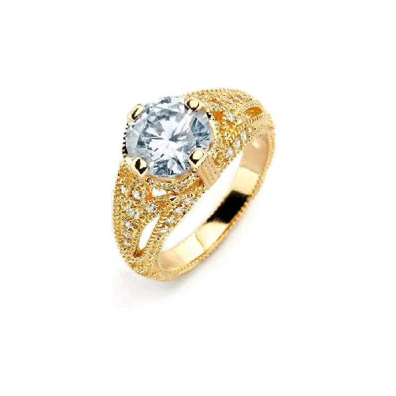 Ladies rings collectible pieces-Silver 925 Gold Plated Clear Center CZ Bridal Ring - BGR00740