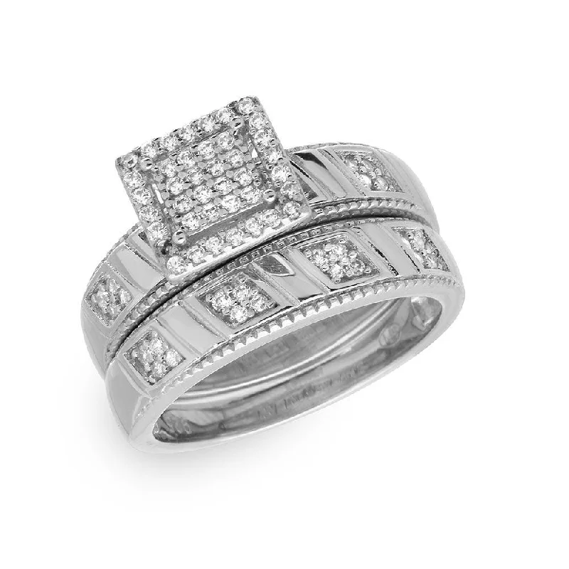 Ladies rings holiday gifts-Silver 925 Rhodium Plated Square Pave Center Trio Bridal Ring - GMR00158