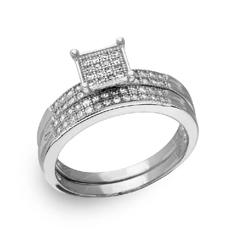 Ladies rings sterling silver-Silver 925 Rhodium Plated Square Pave Center Trio Bridal Ring - GMR00170