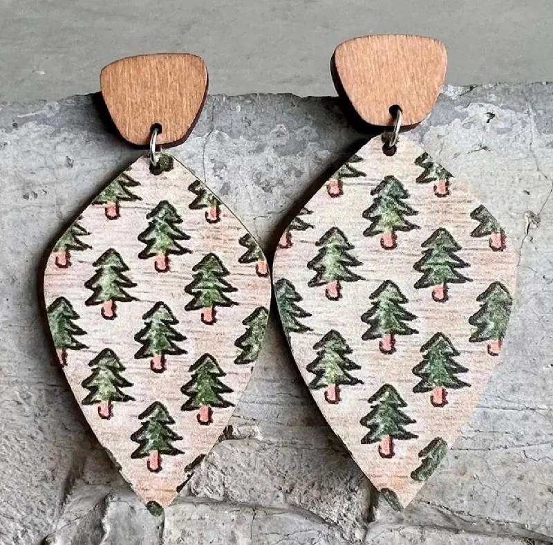 Ladies earrings dangle styles-Wooden Christmas Tree Drop Earrings