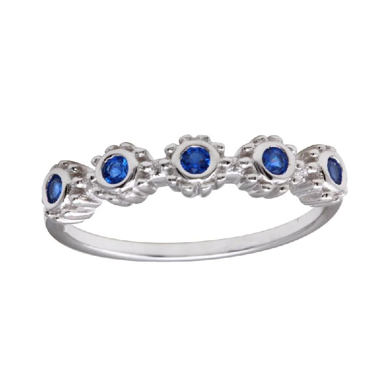 Ladies rings pinky designs-Rhodium Plated 925 Sterling Silver 5 Flower Blue CZ Ring - BGR01224BLU