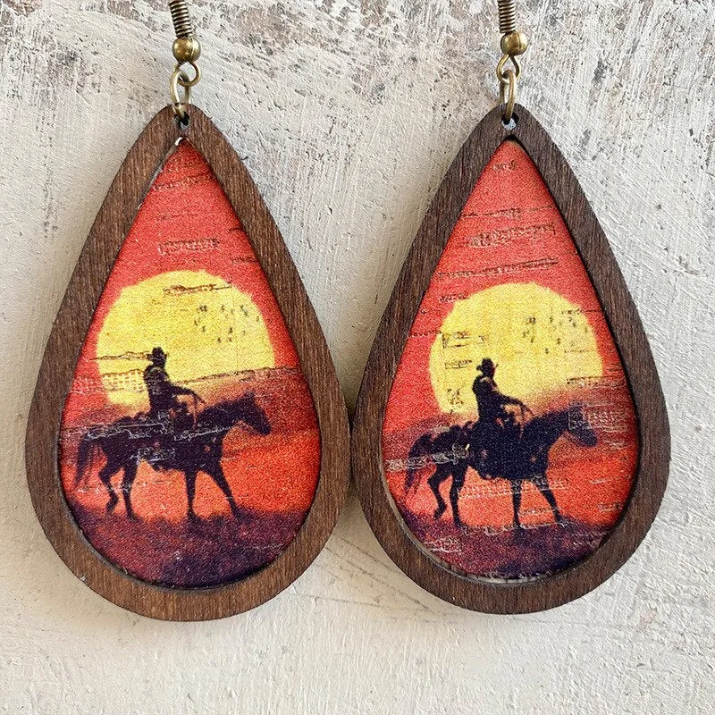 Ladies earrings pure silver-Drop-shaped Wooden Western Cowboy Earrings