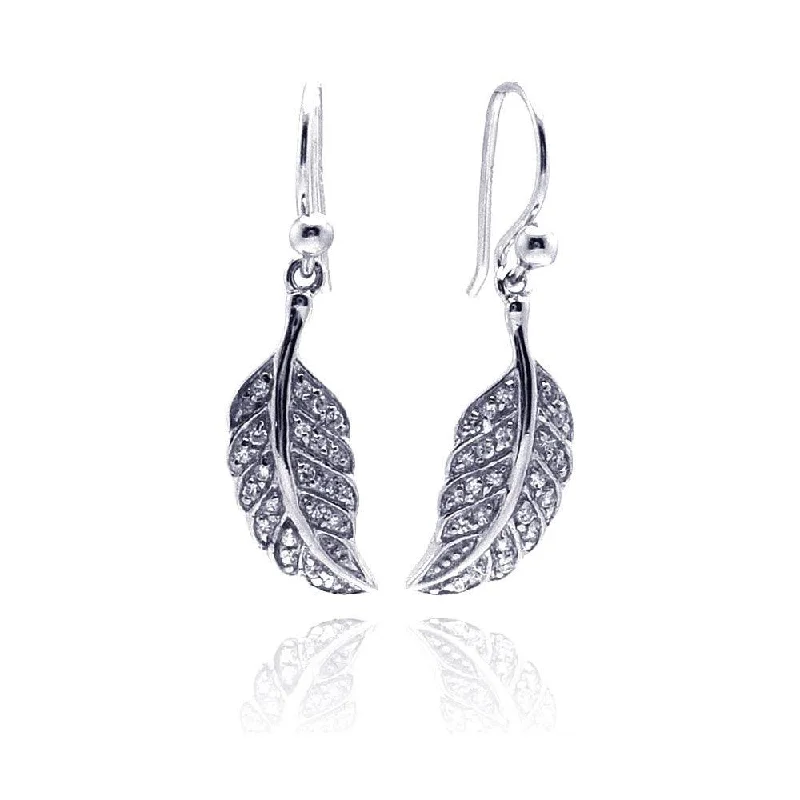 Ladies earrings colorful stones-Silver 925 Rhodium Plated Curvy Leaf CZ Dangling Hook Earrings - STE00542