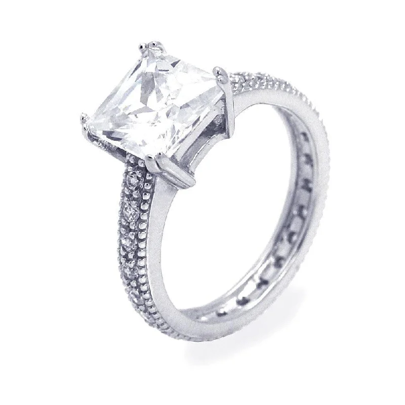 Ladies rings minimalist trends-Silver 925 Rhodium Plated Princess Cut Center CZ Ring - STR00661