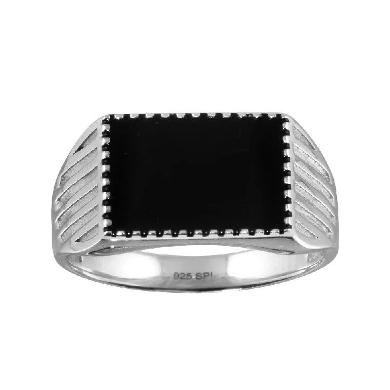 Ladies rings e-commerce finds-Rhodium Plated 925 Sterling Silver Black Enamel Ring - SOR00001