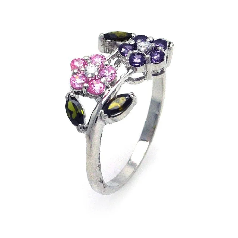 Ladies rings store finds-Silver 925 Rhodium Plated Multi Colored CZ Flower Ring - STR00509